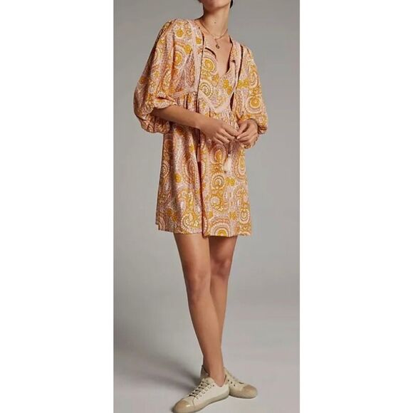 Anthropologie Agathe Lace Mini Dress Lace Neck Tie Tassels Pink gold size M - Picture 12 of 12